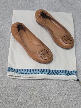 Tory Burch Cognac Leather Logo Ballet Flats